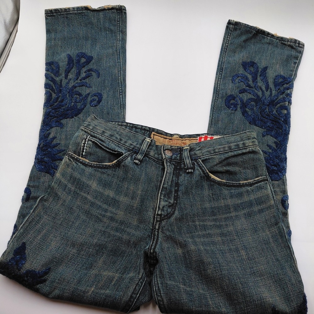 Vtg Great China Wall Jeans 28 x 33" Blue‎ Kyoto4 3D Embroidery Handmade In Japan